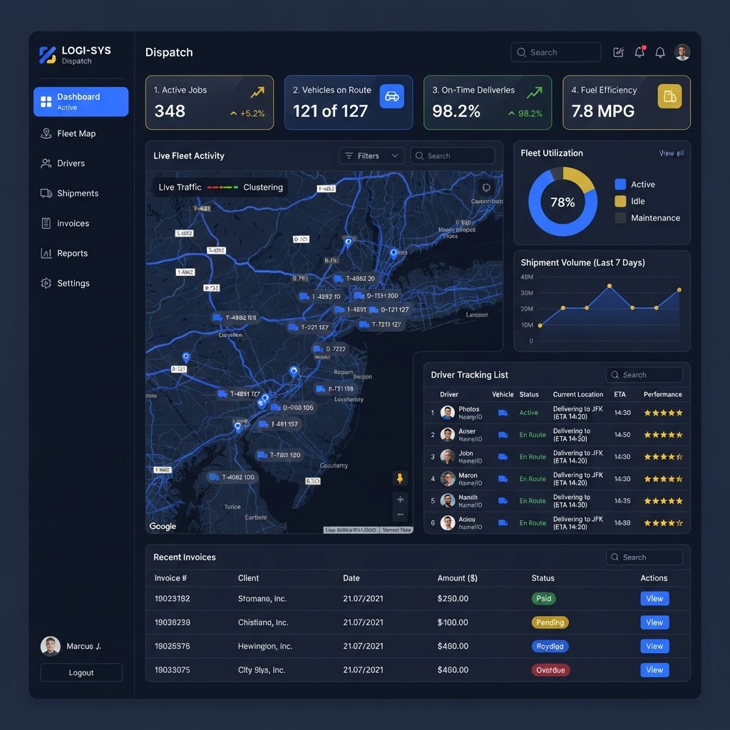 Dispatch admin dashboard showing fleet map, KPIs, driver tracking and invoices